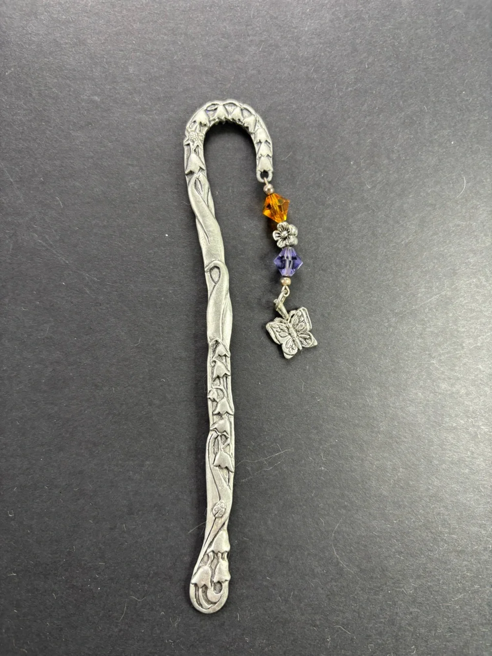 Silver Botanical Metal Bookmark with Orange and Purple Beads